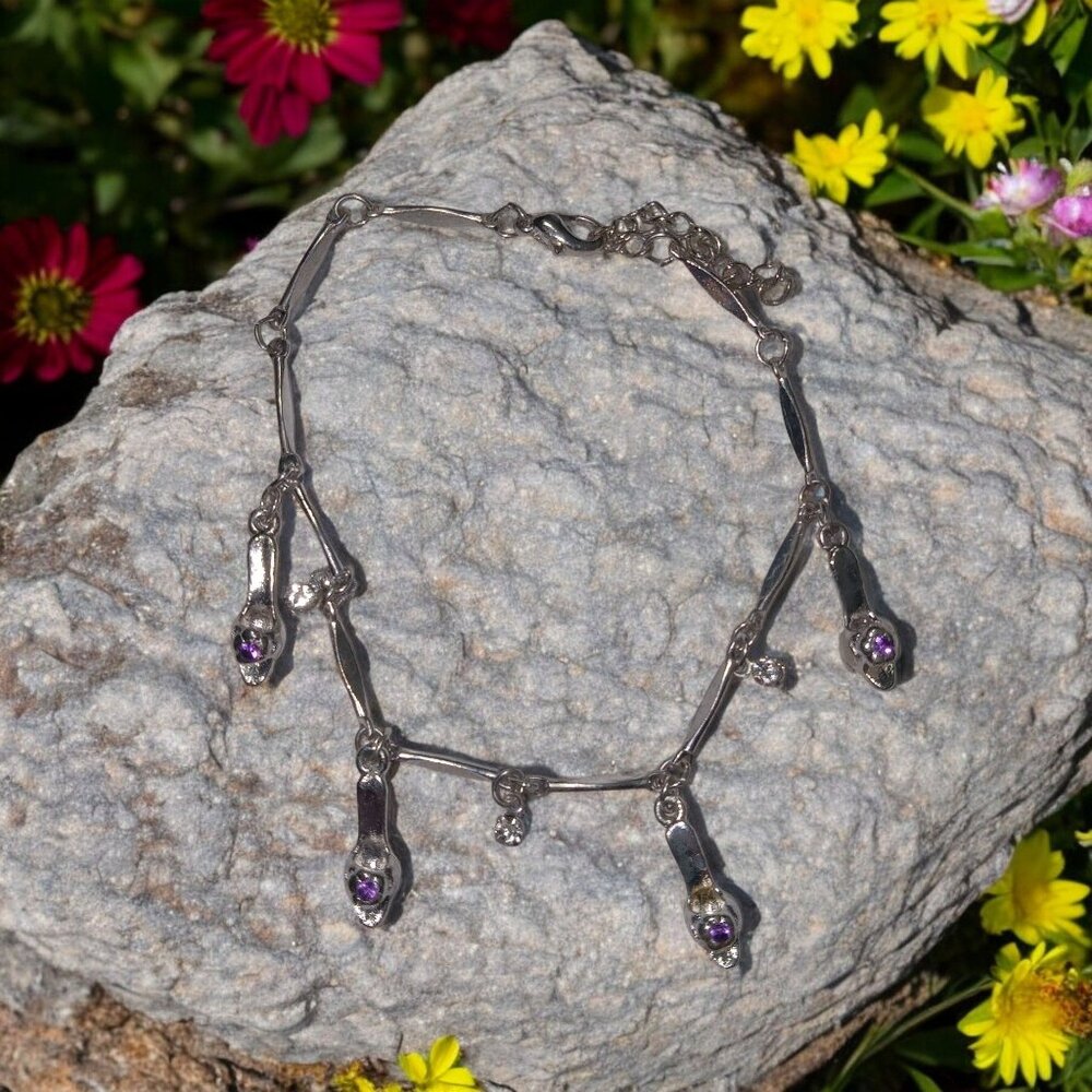 Vintage Silver-Tone Bracelet Purple Crystal Charms High Heels Fashion Barbiecore